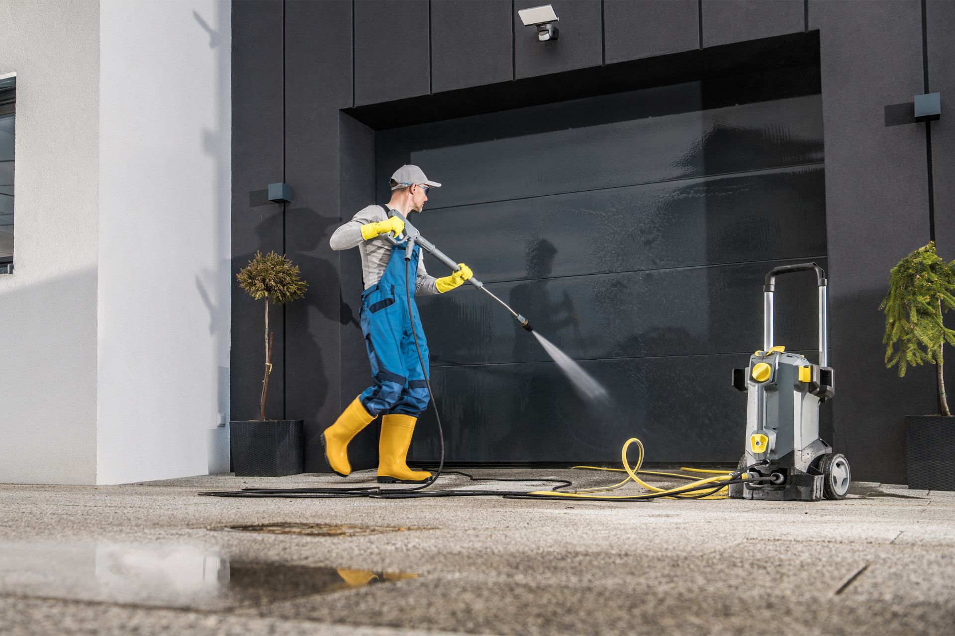 A man cleans a garage door with a pressure washer