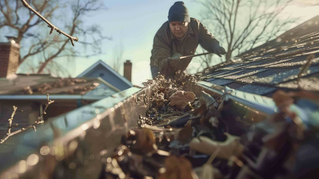 A man is cleaning leaves from the gutter!